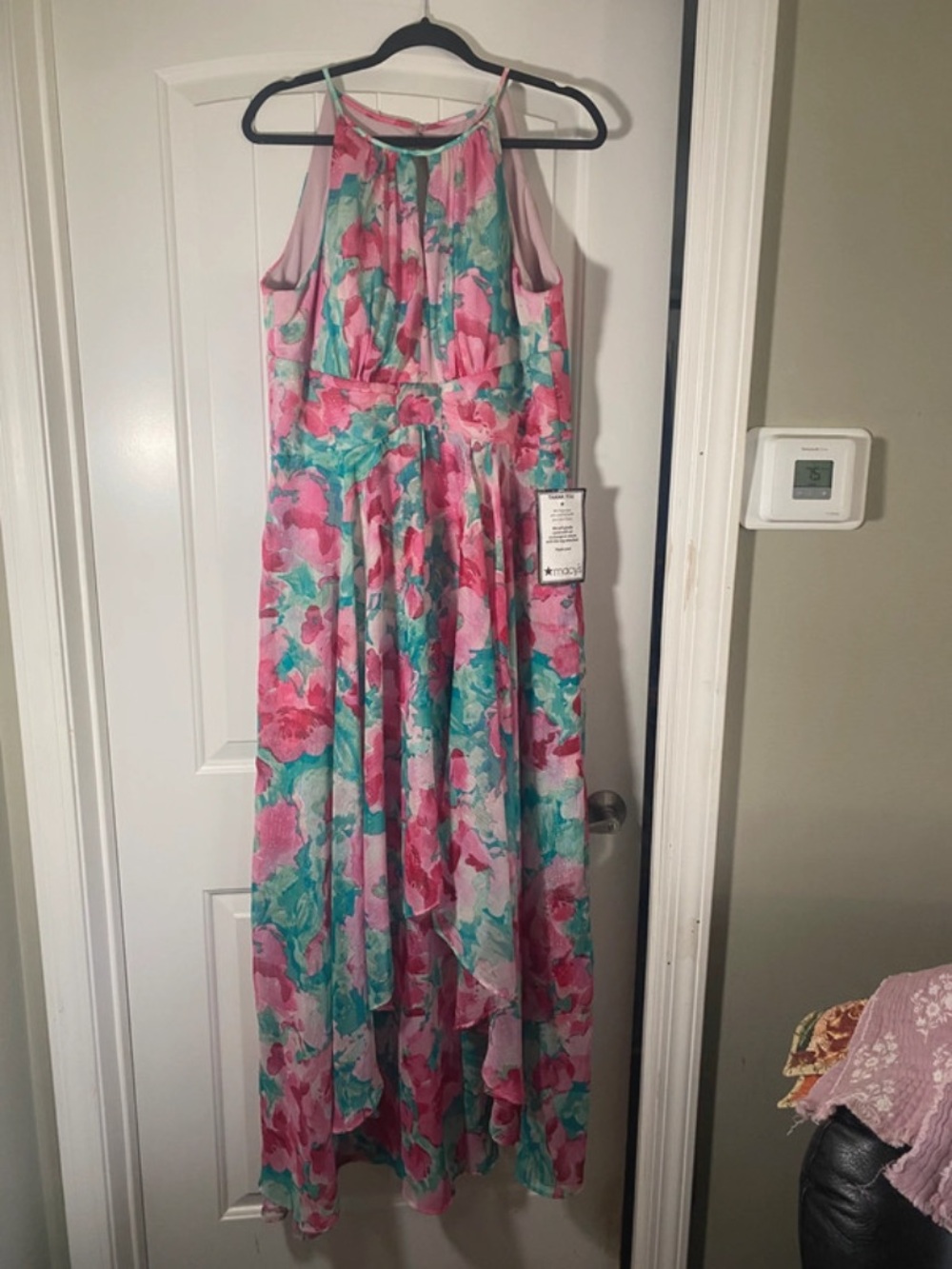 R&M Richards Pink & Teal Floral Halter High-Low Dress
